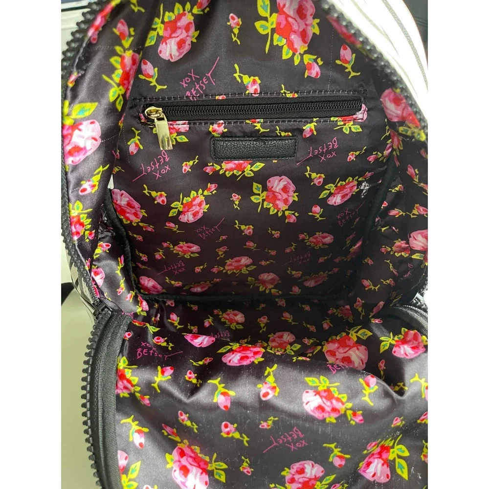 Betsey Johnson Mini Backpack Black White Striped Pink Heart inside Floral EUC